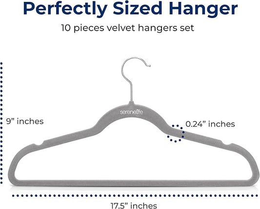 SereneLife 10-Pack Velvet Hangers – Non-Slip Clothes Hangers with Heavy Duty Design, Slim Space-Saving Coat Hangers with 360° Swivel Hook, Strong Lightweight Closet Organizer Set for Clothes (Grey)