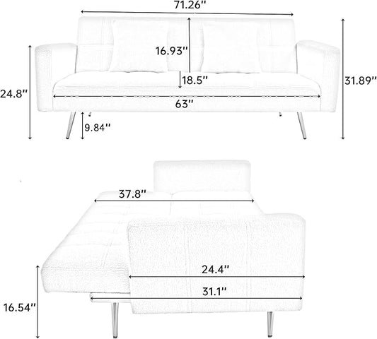 Eafurn Teddy Fleece Folding Sleeper Sofa Bed Convertible Futon Loveseat Couch with 3 Adjustable Backrest, Tufted Recliner Lounge Sofabed Daybed with Golden Metal Legs for Living Room Apartment