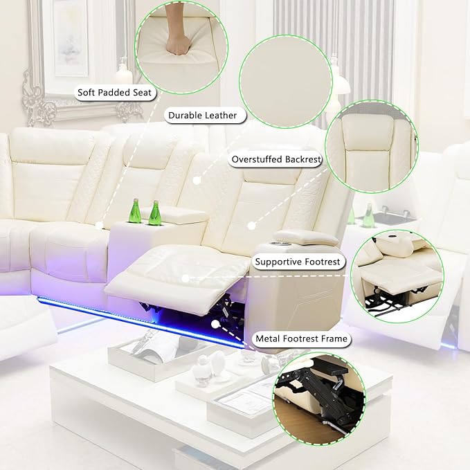 Power Recliner Sofa Sectional Couch with LED Light for Living Room, Cream White Leather Reclining Corner Sectional Sofa with 4 Recliner Seats,Cup Holder,Storage Console for House/Home