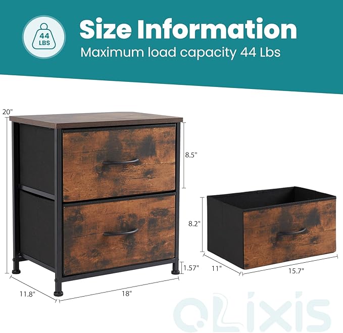 NEWBULIG Nightstand with 2 Fabric Drawers Small Dresser 25 Inch Tall Bedside Table End Table Storage Furniture for Bedroom Closet Entryway College Dorm Brown