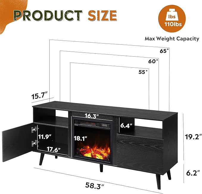 WLIVE Fireplace TV Stand for 55 65 Inch TV, Mid-Century Entertainment Center with Electric Fireplace, Media TV Console with Extra Open Shelf & Storage Cabinets for Living Room, Bedroom, Black