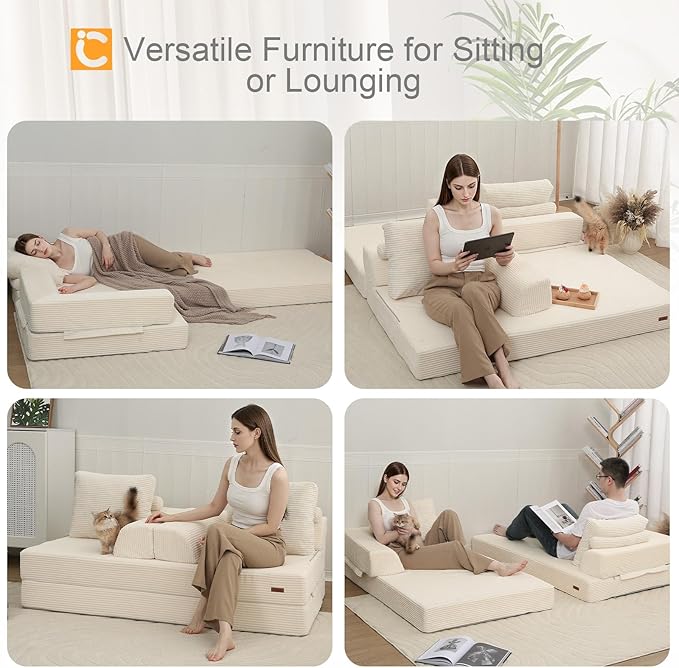 COMAX Futon Sofa Bed, Convertible Folding Sofa Bed, Boneless Couch Loveseat Corduroy with Pillows, Small Foldable Floor Couch Comfy Lounge Sleeper for Living Room Bedroom, Beige