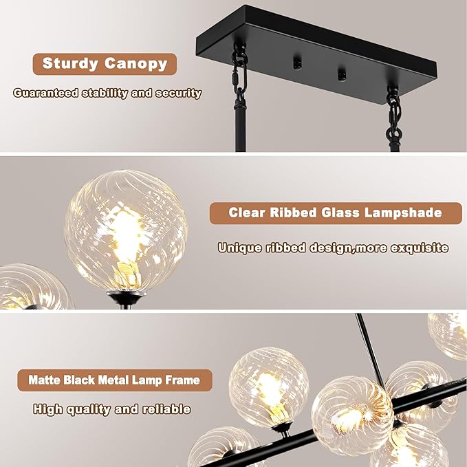 16-Light Linear Chandelier,Modern Chandeliers for Dining Room Light Fixture Large Black Sputnik Chandeliers 55" Clear Globe Sputnik Ceiling Light Fixture Large Chandelier Pendant Lights Kitchen Island
