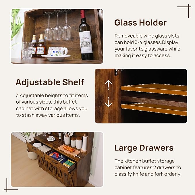 Sideboard Buffet Cabinet with Storage, 47'' Farmhouse Coffee Bar Cabinet, Kitchen Pantry Storage Cabinet with Doors and Shelves for Dining Room, Living Room, Kitchen, Brown