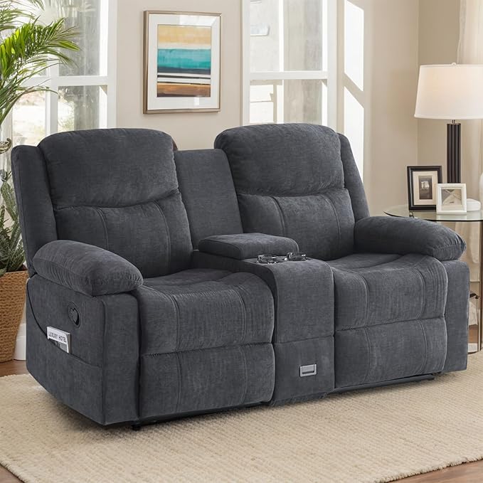 Loveseat Recliner Sofa with Massage & Heating, Reclining Loveseat with Console, RV Wall Hugger Double Loveseat Recliner Couch for Living Room & Home Theater (Chenille-Grey)