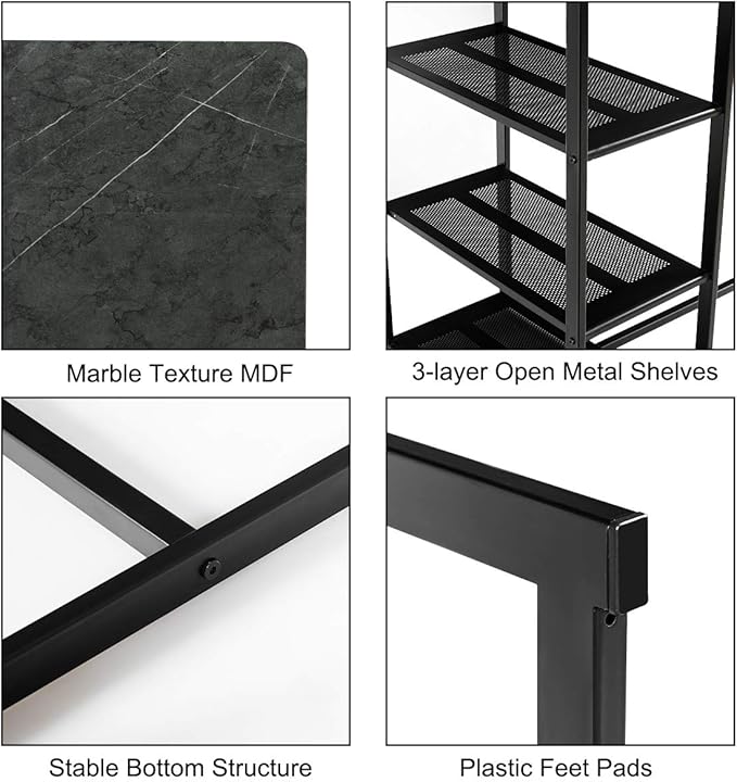 COSTWAY 3-Piece Dining Set, Compact 2 Chairs and Table Set, Kitchen Set with Rectangular Faux Marble, 3 Metal Storage Shelves, Fashionable Simple Style, Kitchen Counter Height Table Set (Black)