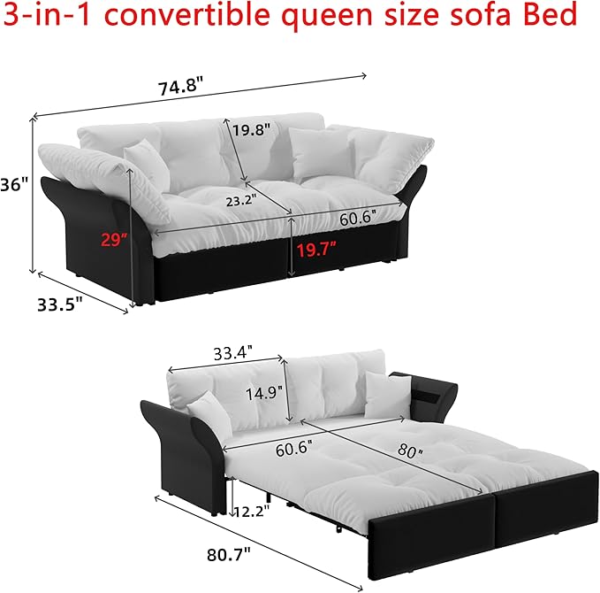Eafurn 3-in-1 Convertible Sofa Bed Queen Size Pull Out Sleeper Sofa with Skin-Friendly Velvet Fabric, Multi-Functional Loveseat with Pillow Armrest for Guest Room & Living Room
