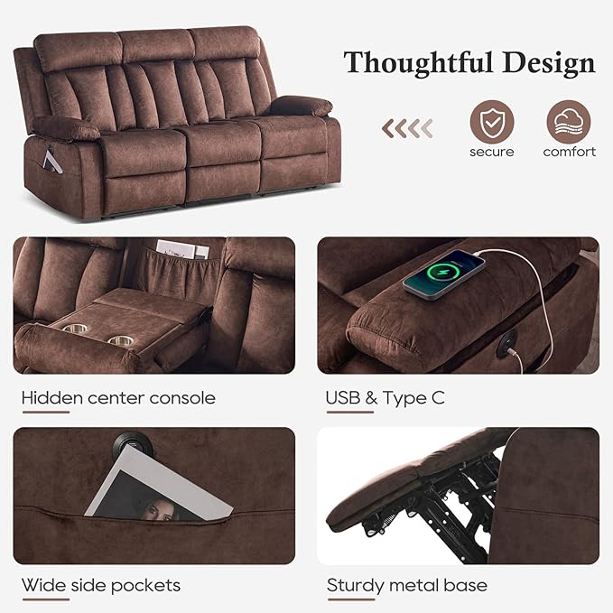 Velvet Power Recliner Sofa Living Room Set, Electric Loveseat Reclining Sofa Couch Set with Massage & Heat/Console/Cup Holder/USB & Type C, Modern Living Room Furniture Sofa Set (Brown)