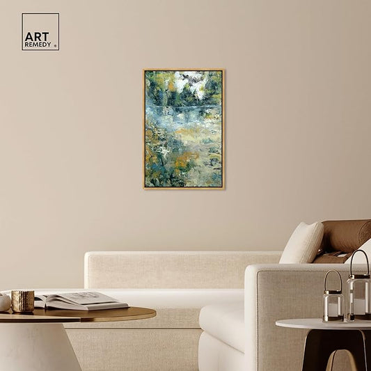Art Remedy Green Moss Monet Garden Green Abstract Canvas Wall Art, Gold Floater Frame, 24"x36"