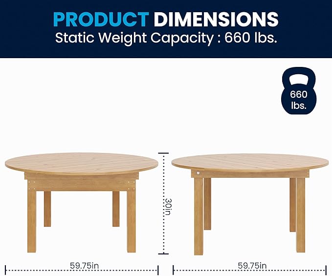 Flash Furniture Hercules Commercial Round Farmhouse Folding Table, Antique Rustic Solid Pine Dining Room Table, Foldable Locking Legs, 60" Diameter, Light Natural