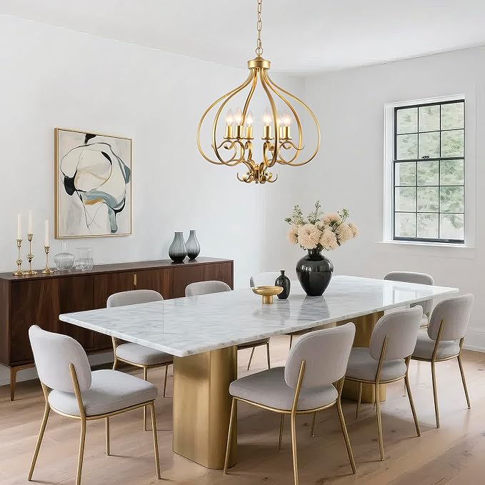 6 Lights Gold Farmhouse Chandelier for Dining Room,19.68" Large Modern Vintage Rustic Adjustable Gold Chandelier Pendant Light Fixtures for Kitchen Island Living Room Entryway Hallway Foyer Bedroom
