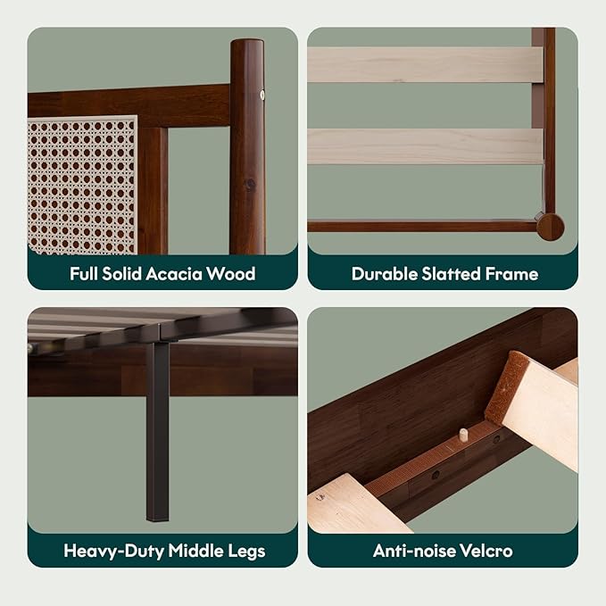 Bme Oliver King Bed Frame and Headboard - 15-Inch Signature Design with Rattan Headboard, Bohemian and Mid Century Style, 12-Slat Wood Support, No Box Spring Needed - Easy Assembly, Walnut