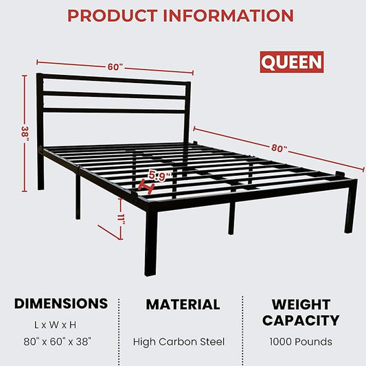 Golden Gate Beds Metal Platform Bed Frame with Headboard, Heavy Duty Steel Slats, No Box Spring Required, Noise-Free, Easy Assembly, Minimalist Design with Under-Bed Storage - Queen size, Black Finish