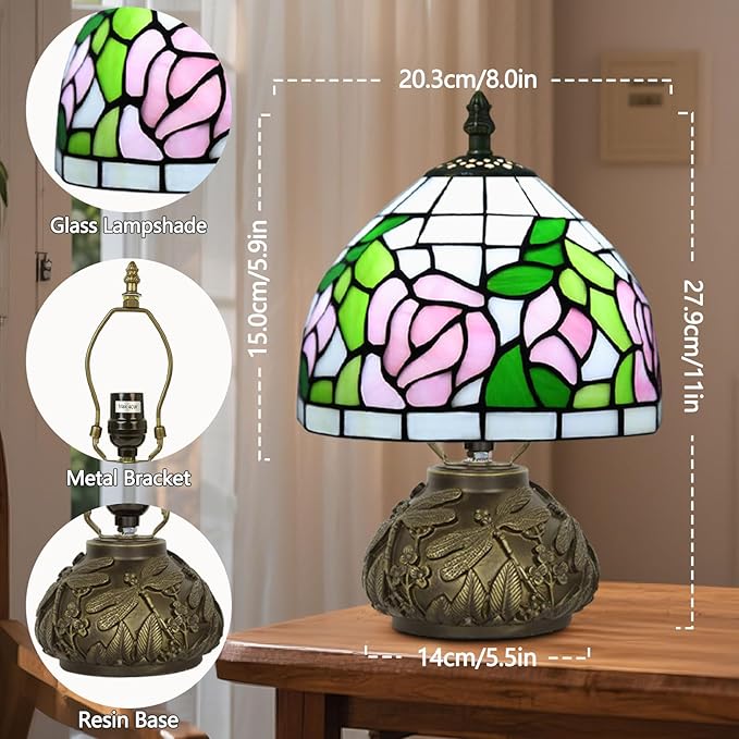 Small Tiffany Table Lamp,Stained Glass Lamp,8 Inch Mushroom Style Mini Vintage Desk Lights for Bedside, Bedroom,Nightstand,Living Room,3 Color Temperature (Pink Rose)