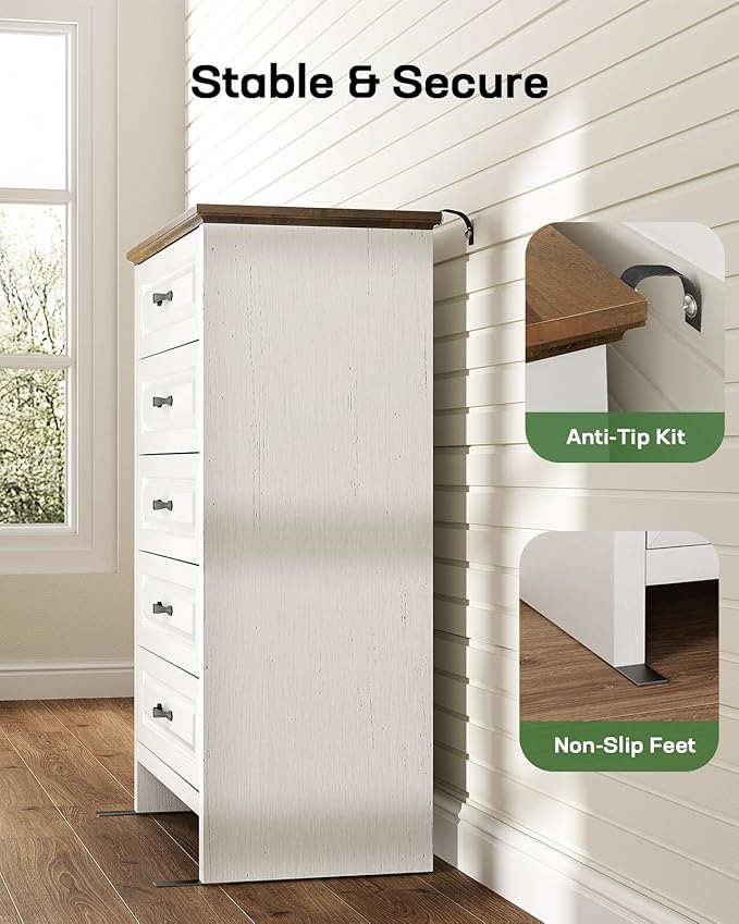 Marsail 5 Drawer Dresser for Bedroom, Modern Farmhouse Wood Wide Chest of Drawers, Storage Dressers Organizer with Anti-Slip Kit for Living Room, Bedroom & Hallway, Wood White