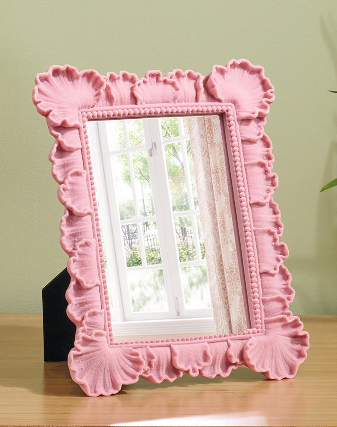 Cute Makeup Mirror Decor for Girl Bedroom Nursery Dorm Playroom, 9.8x7.7 Resin Framed Wall Mirror for Bathroom Hallway Living Room, Gift for Mother's Day Valentine's Day Wedding (Soft Pink)