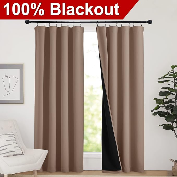 NICETOWN Cold Reducing Curtains, Full Blackout Curtains Thermal, Noise Reduction and Privacy Curtains for Patio Door, Black Lined Blackout Drapes with Rod Pocket, Cappuccino, 1 Pair, W52 x L84