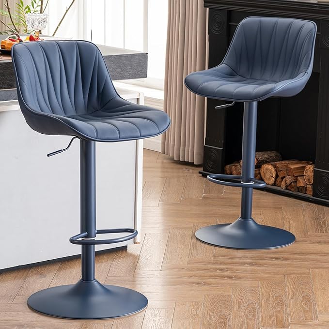 Kidol & Shellder Bar Stools Set of 2 Blue Adjustable Swivel Counter Height Barstools Upholstered Modern PU Leather Bar Chairs Stools for Kitchen Island