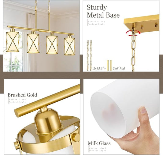 4-Light Kitchen Island Lighting, Brushed Gold Linear Dining Room Light Fixtures with Frosted Glass, Modern Mid Century Chandelier Pendant Light for Kitchen Island Dining Room, OS-3014-4ISBGW