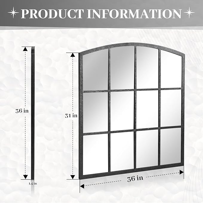 Hand-Forged Black Window Pane Mirror, 36 Inch Wide Window Mirror, Metal Frame Arched Decorative Mirrors, Antique Grid Wall Mirrors for Living Room, Bedroom, Entryway