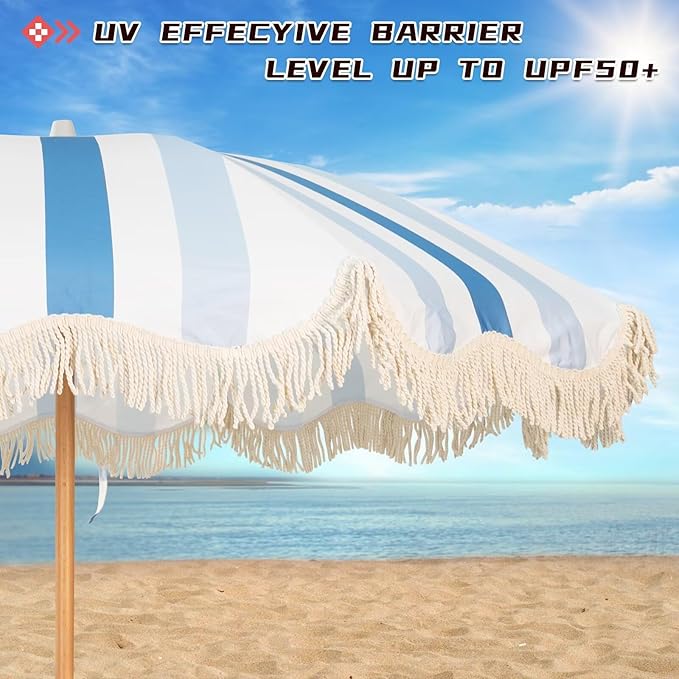 6.5ft Boho Beach Umbrella with Fringe, UPF 50+ Tassel Umbrellas with Carry Bag, Premium Wood Pole Foldable Patio Umbrella for Outdoor Holiday Garden Lawn Pool Yard Table