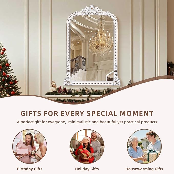 Wooden Vintage Wall Mirror: 28x38 Inch Baroque Antique Mirror - Ornate Decorative Arched Mirrors for Fireplace, Entryway, Bedroom, Bathroom - Home Decor for Living Room