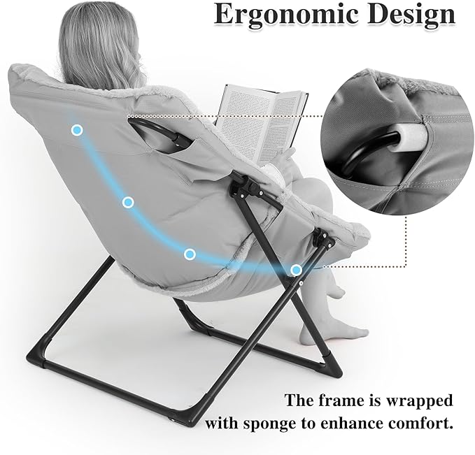Comfy Saucer Chair for Adults, Soft Faux Fur Bedroom Chair, Accent Dorm Chairs, Flexible Living Room Reading Chairs, Oversized Folding Seat for Teens, X-Large, Light Pink