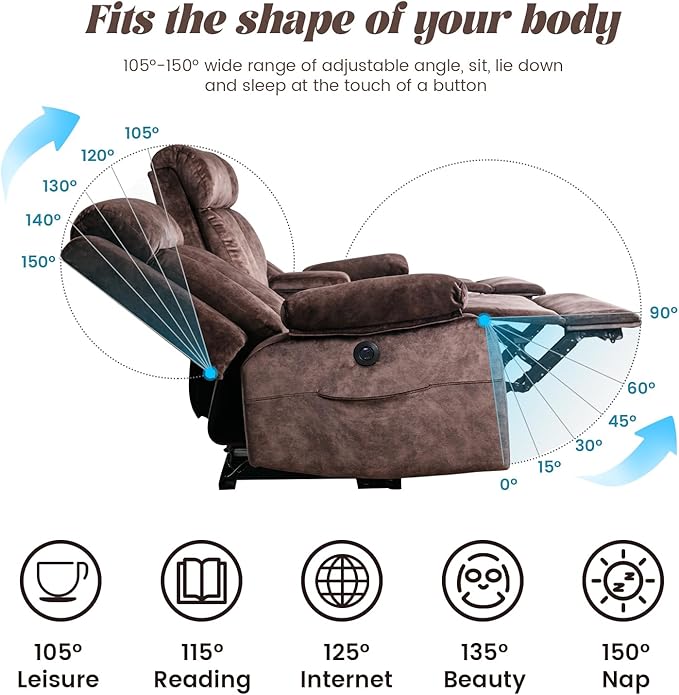 Electric Power Reclining Sofa w/Flipped Middle Backrest & Cup Holders, Power Recliner Couch w/Massage & Heat, Spacious 3-Seater Couch for Living Room Comfort (Brown)