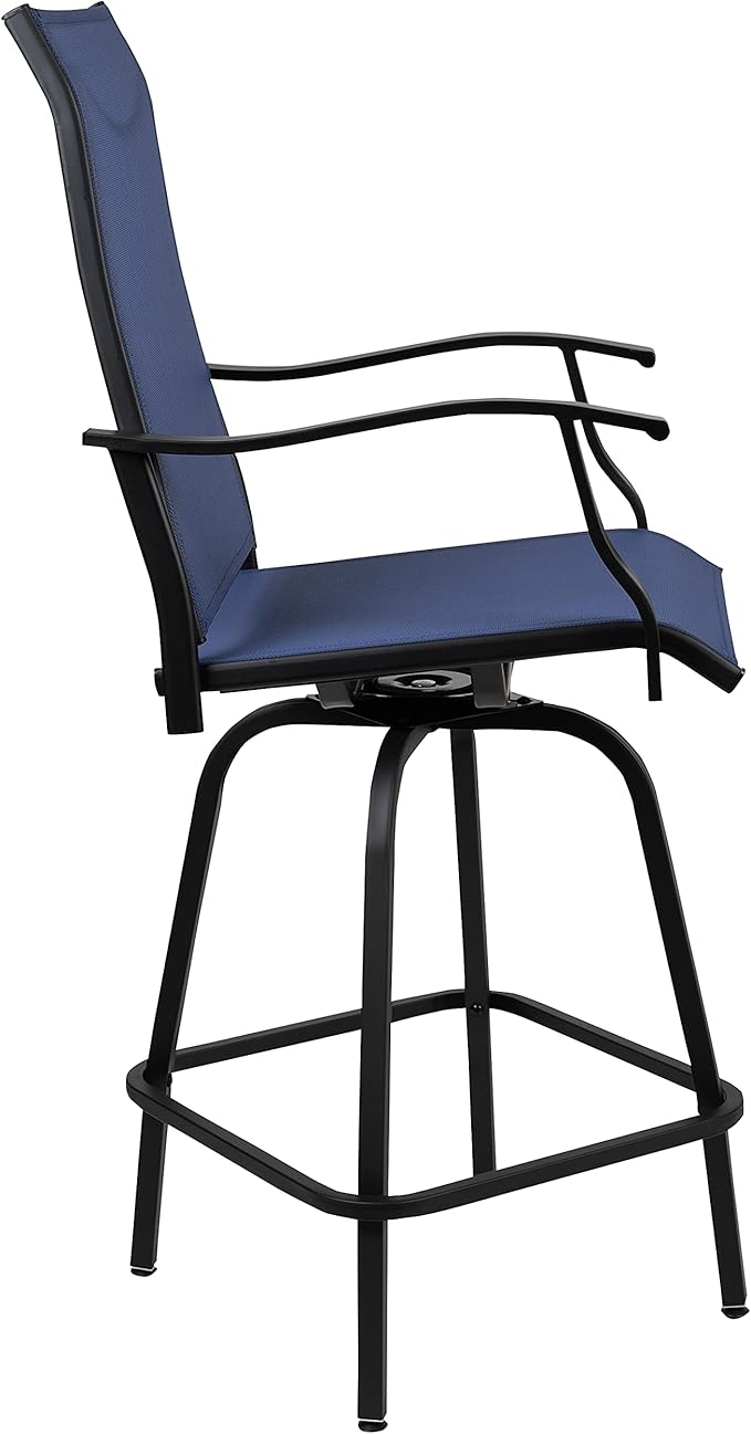 Flash Furniture Valerie All-Weather Swivel Patio Barstools with Footrest and Armrests, Modern Sling Outdoor Bar Height Stools, Set of 2, Navy
