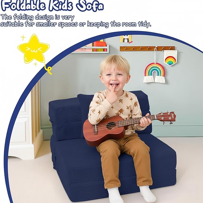 MeMoreCool Kids Fold Out Sofa Chair – Navy Corduroy Tri-Fold Floor Futon for Toddlers, Portable Sleeper Couch with Washable Cover Soft Convertible Lounger | High-Density Foam Mattress