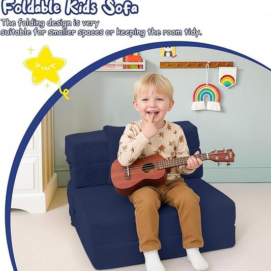 MeMoreCool Kids Fold Out Sofa Chair – Navy Corduroy Tri-Fold Floor Futon for Toddlers, Portable Sleeper Couch with Washable Cover Soft Convertible Lounger | High-Density Foam Mattress