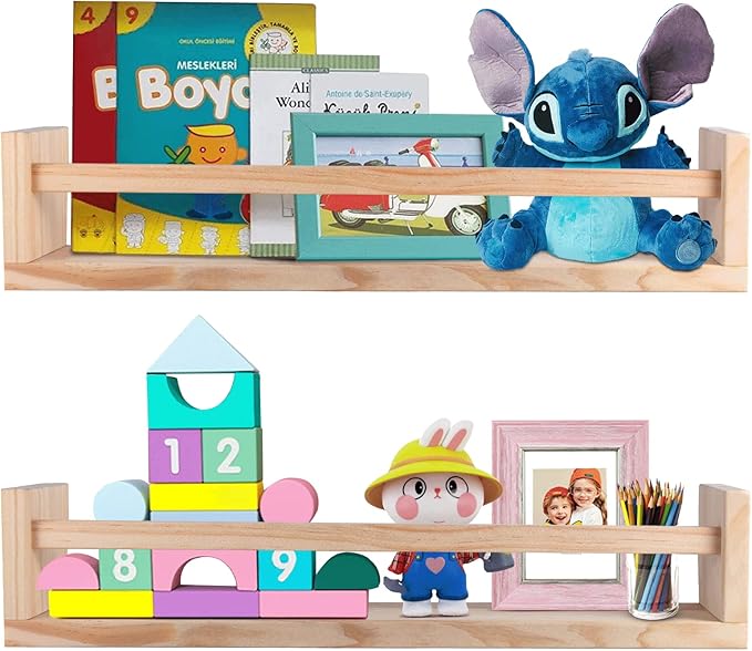 Wooden Floating Bookshelf, Wall Shelving, 2 PCS (Pine), Suitable for Children's Bedroom Bookshelf, Kitchen Spice Rack, Bathroom Decorative Wall Shelving.