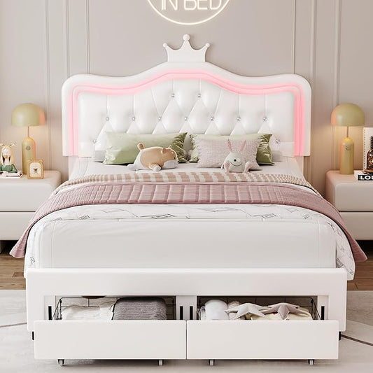 Keyluv Full Upholstered LED Bed Frame with Storage Drawer, Leather Princess Platform Bed with Adjustable Crystal Button Tufted Crown Headboard, Solid Wooden Slats Support, No Box Spring Needed, White
