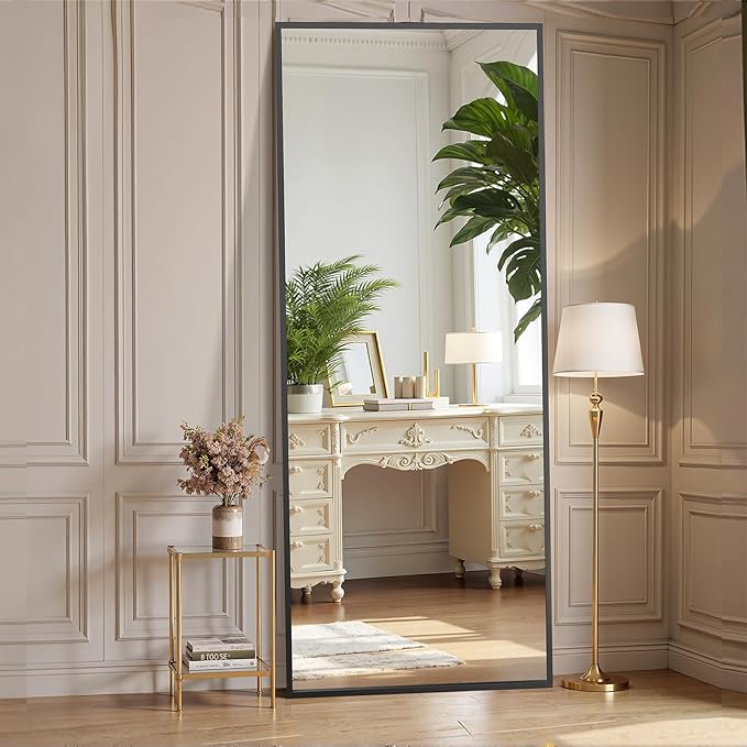 OLIXIS Full Length Mirror for Bedroom, 56"x21" Full Body Mirror with Stand, Hanging or Leaning for Wall, Aluminum Alloy Thin Frame Floor Standing for Living Room, Long, Black
