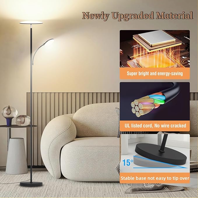 Floor Lamp, 2025 Upgraded 42W 4500LM Super Bright LED Floor Lamp with Rotatable Reading Light, Touch Remote Control & Memory Function, Stepless Dimmable Standing Lamp for Living Room Bedroom, Black