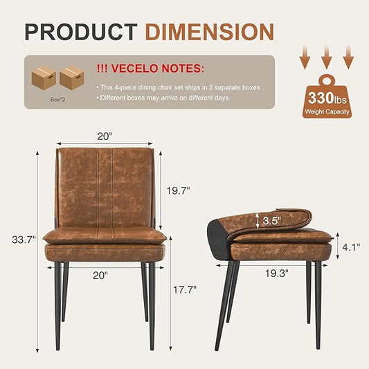 VECELO Upholstered PU Dining Chairs Set of 4, Kitchen Chairs with Padded Seat for Living Room, Dining Room, High Back and Steel Legs, Easy Assembly, Brown