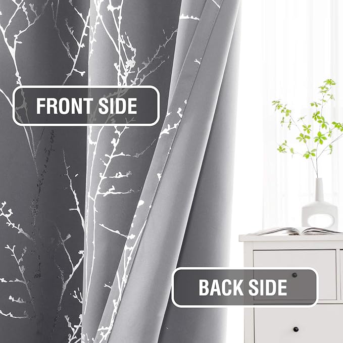 H.VERSAILTEX Blackout Curtains for Bedroom Foil Print Twig Tree Branch Thermal Insulated Grommet Curtain Drapes Light Blocking Thick Soft Window Curtains for Living 52 x 96 Inch, 2 Panels, Grey
