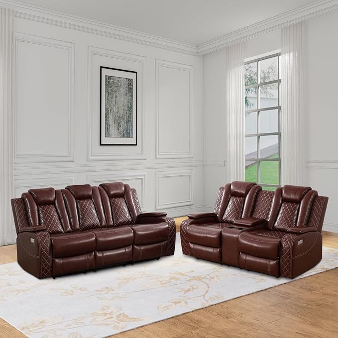 Power Recliner Sofa Set, Air Leather Reclining Couch with LED/Cup Holders/Storage, 2 Pieces Reclining Living Room Furniture, Burgundy Leather Sofa and Loveseat for House/Apartment/Office