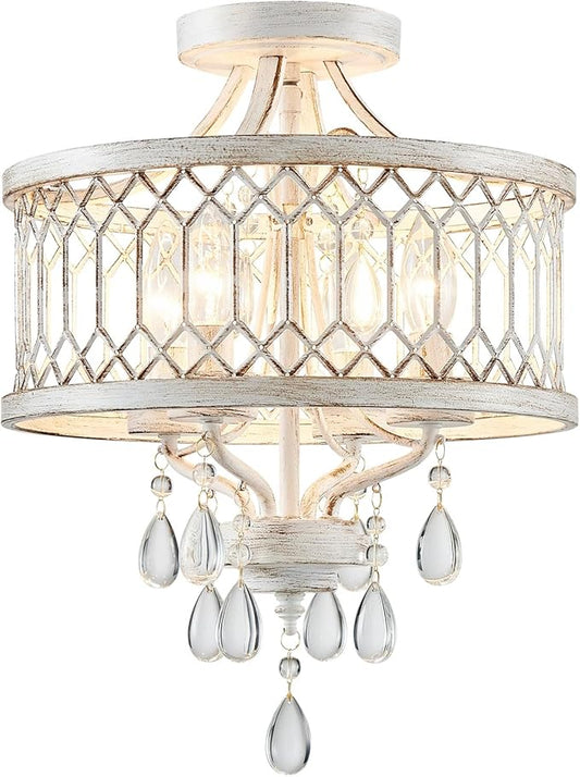 Crystal Ceiling Light Fixture, Modern Semi Flush Mount Ceiling Light, Farmhouse Crystal Chandeliers for Dining Room Light Fixture, Hallway Lighting Fixtures for Kitchen Bedroom Bathroom Foyer Entryway