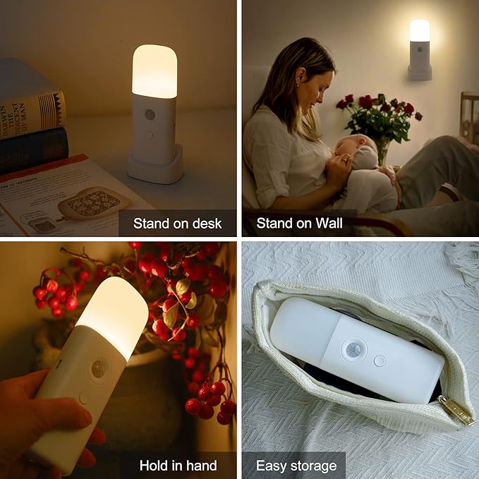 Motion Sensor Night Light Indoor, 2000mAh Battery Operated Lights, Cordless Table Lamps for Kids, 5 Stages Dimmable LED Nursery Night Lights for Bedroom, Bathroom, Hallway