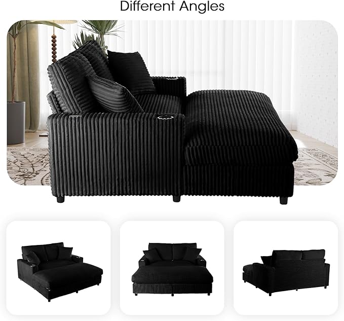 Eafurn 64" Oversized Chaise Lounge Chair Indoor, Plush Corduroy Upholstered Sofa Bed with Pillows & 2 Cup Holders, Extra Wide Deep Seat Sleeper Couch Recliner Chair for Living Room | Removable Cushions, Wooden Frame, Solid Legs