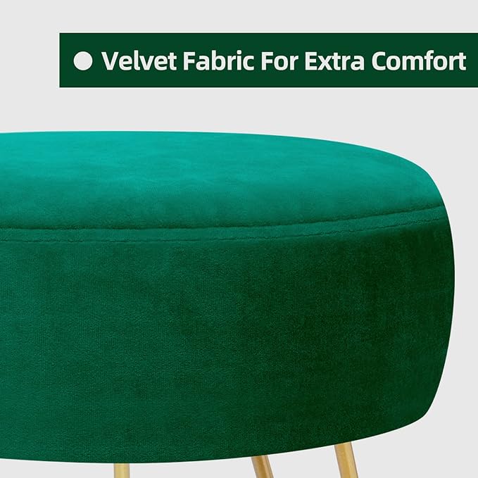 Velvet Soft Modern Vanity Footstool -Round Footrest Stool Ottoman Side Table Seat Dressing with Golden Metal Leg and Sponge Filling,Upholstered Foot Rest, for Living Room and Bedroom Teal