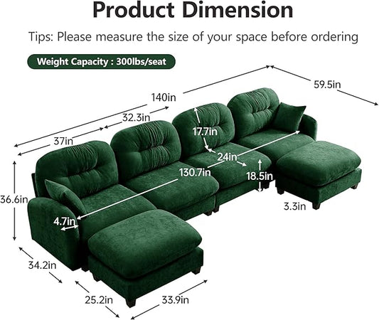 KEIKI 140" L-Shaped Oversized Chenille Modular Sectional Sofa with 1 Ottoman, High-Density Foam Cushions, Tufted Pleated Cushion Backrest, Modern 4-Seater Couch with 2 Pillow, for Living Room, Green