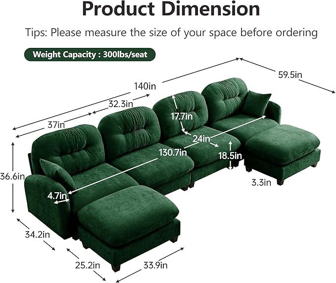 KEIKI 140" U-Shaped Oversized Chenille Modular Sectional Sofa with 2 Ottoman, High-Density Foam Cushions, Tufted Pleated Cushion Backrest, Modern 4-Seater Couch with 2 Pillow, for Living Room, Green