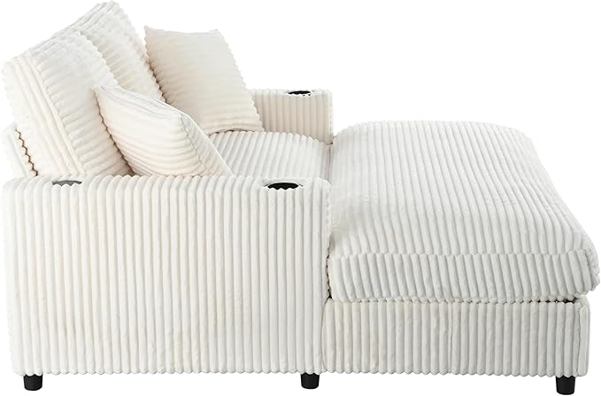 Eafurn 64" Oversized Chaise Lounge Chair Indoor, Plush Corduroy Upholstered Sofa Bed with Pillows & 2 Cup Holders, Extra Wide Deep Seat Sleeper Couch Recliner Chair for Living Room | Removable Cushions, Wooden Frame, Solid Legs