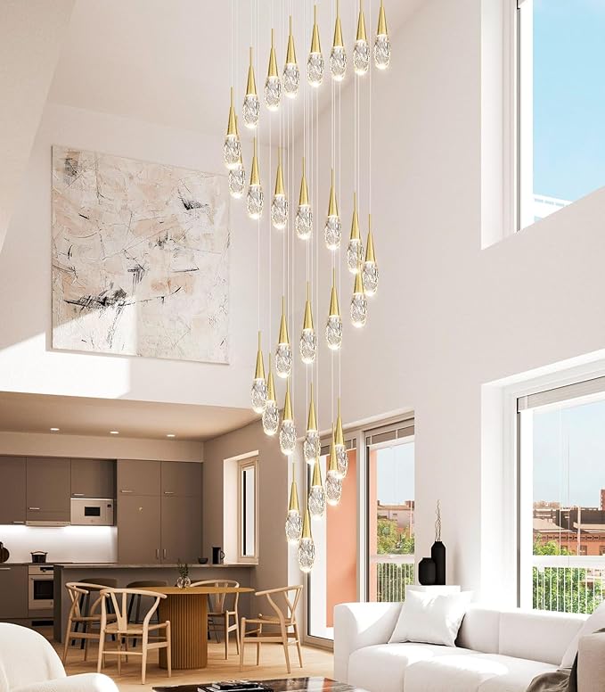 28-Lights 177 Inches Modern Chandelier LED Light Fixtures High Ceiling Long Light Chandelier for Entrance Foyer Dimmable Lights with Remote Living Room Ceiling Pendant Lighting Drop Lights Shine Gold