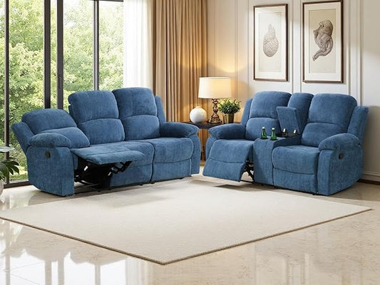 Living Room Sofa Set Recliner Sofa Set Microfiber Fabric Sofa and Loveseat Manual Recliner with Cup Holders/Storage Console for Living Room/Rv Car (Blue,Sofa+Loveseat)