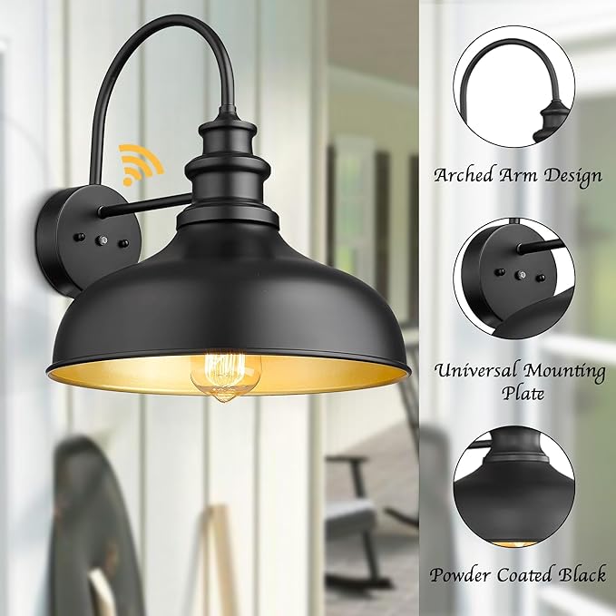 Bestshared Dusk to Dawn Outdoor Barn Light Anti-Rust Outdoor Wall Sconce Farmhouse Exterior Lighting Fixture Wall Lantern Lamp for Porch,Garage(Black+Gold, 2 Pack)