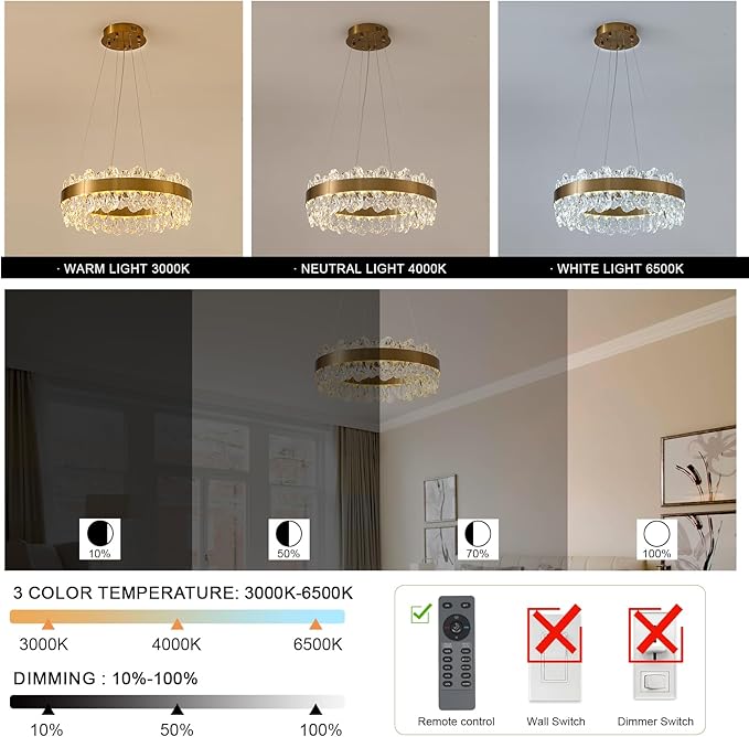 Gold Crystal Chandelier Modern LED Chandeliers 19’’ Round LED Pendant Light Fixture Dimmable Flush Mount Chandelier for Dining Room Foyer Living Room, UL Listed