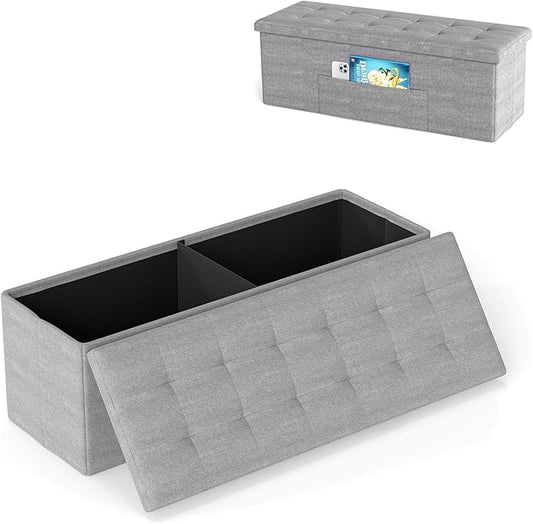 Giantex Storage Ottoman Bench, 43"L Folding Foot Rest Storage Chest with Side Pocket, Divider, Padded Seat Shoe Bench for Living Room Bedroom Hallway Entryway End of Bed (Light Gray)